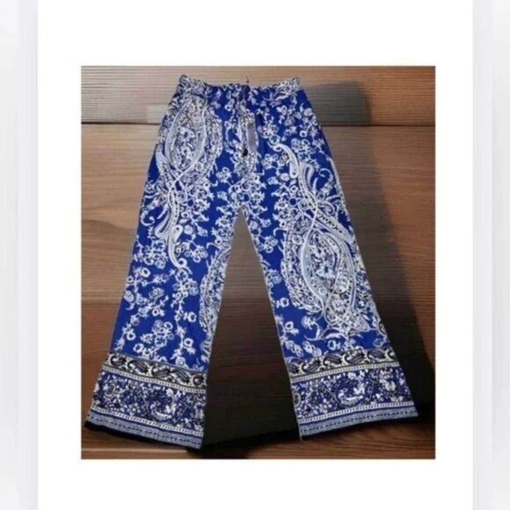 Artisan NY Women's Wide Leg Pants New with Tag Size Large Paisley Blue White Blk